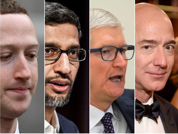   Tim Cook của Apple, Mark Zuckerberg của Facebook, Sundar Pichai của Google và Jeff Bezos của Amazon sẽ ra điều trần trước Quốc hội Mỹ. Ảnh: 9to5Mac.  