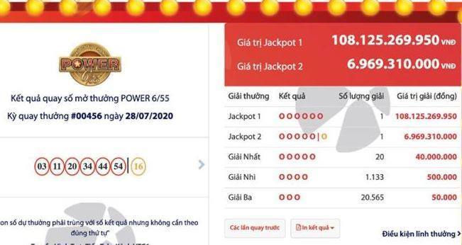 Kết quả xổ số Vietlott Power 6/55 tối 28/7, Vietlott tìm được chiếc vé duy nhất trúng Jackpot 1, trị giá hơn 108 tỷ đồng và một chiếc vé trúng giải Jackpot 2 có trị giá gần 7 tỷ đồng.