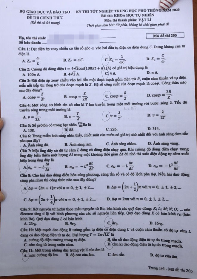 Nóng: Cập nhất đáp án môn Vật lý kỳ thi tốt nghiệp THPT Quốc gia 2020 