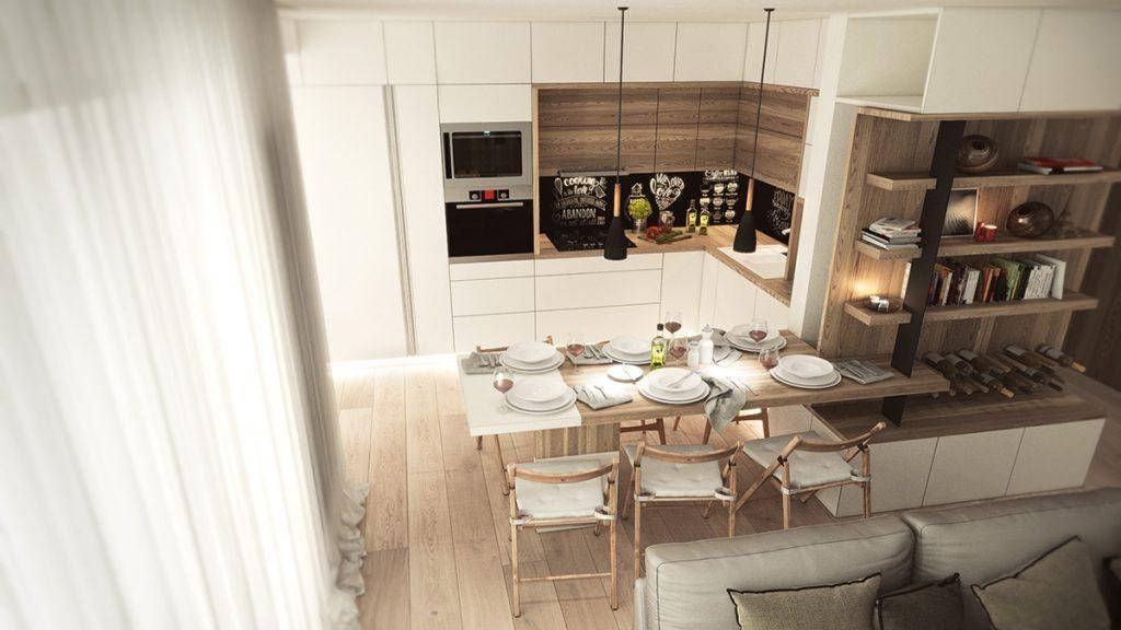 Không gian mở giữa bếp, phòng ăn và phòng khách kết hợp với màu trắng và nâu gỗ tạo mang nét hiện đại, sang trọng cho cả căn hộ. 