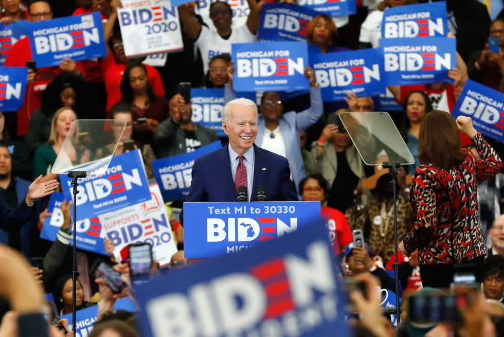 Ứng viên của Đảng Dân chủ Joe Biden trong chiến dịch vận động tranh cử Tổng thống Mỹ năm 2020 ở thành phố Detroit, Michigan, ngày 9/3/2020. Ảnh: AP