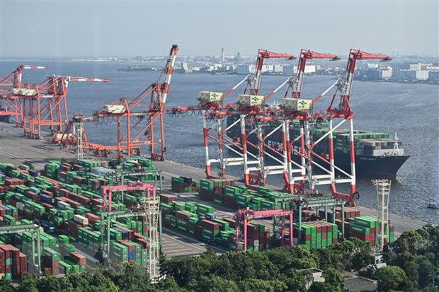   Container hàng hóa được bốc dỡ tại cảng quốc tế Tokyo, Nhật Bản, ngày 17/8/2020. Nguồn: TTXVN.  