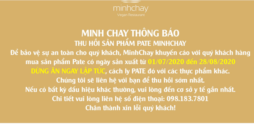 Thông báo thu hồi sản phẩm, xin lỗi khách hàng của Minh Chay. Ảnh chụp màn hình
