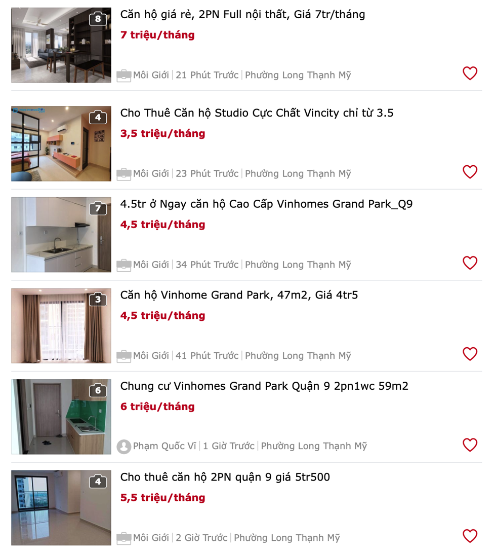 Giá cho thuê căn hộ tại Vinhomes Grand Park (quận 9, TP.HCM) niêm yết trên Chợ Tốt. Ảnh chụp màn hình