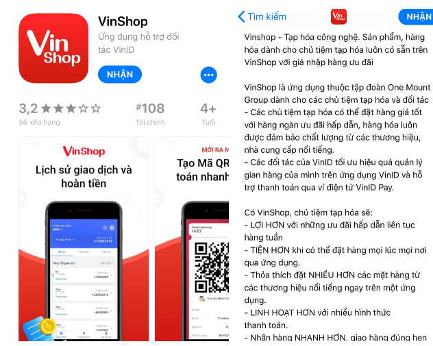 VinShop mấy ngày trước đã xuất hiện trên cửa hàng ứng dụng Appstore, CH Play. Ảnh chụp màn hình