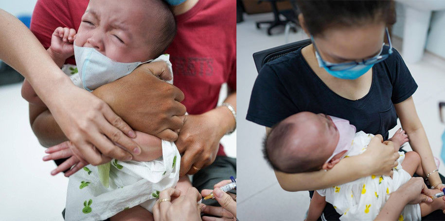 Trước khi xuất viện về nhà cùng ba mẹ, hai bé được tiêm ngừa các mũi vaccine cơ bản. Ảnh: Bệnh viện Nhi đồng Thành phố 