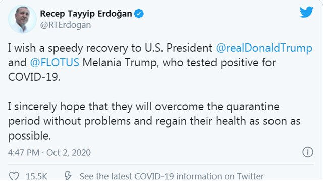 Dòng tweet củaTổng thống Thổ Nhĩ Kỳ Recep Tayyip Erdogan.