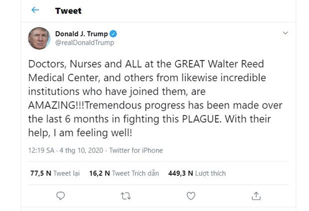  Tổng thống Donald Trump  thông báo tình trạng sức khỏe trên Twitter. Ảnh: Twitter.