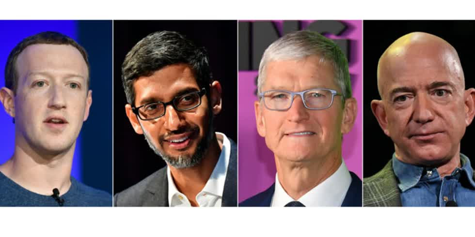 Từ trái sang, CEO Facebook - Mark Zuckerberg. CEO Alphabet - Sundar Pichai, CEO Apple - Tim Cook và CEO Amazon - Jeff Bezos. Ảnh: CNBC.