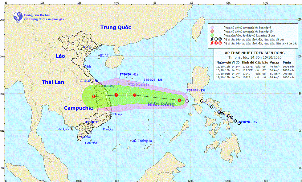 Hướng di chuyển của  áp thấp nhiệt đới trên Biển  Đông. Nguồn: TTKTTV