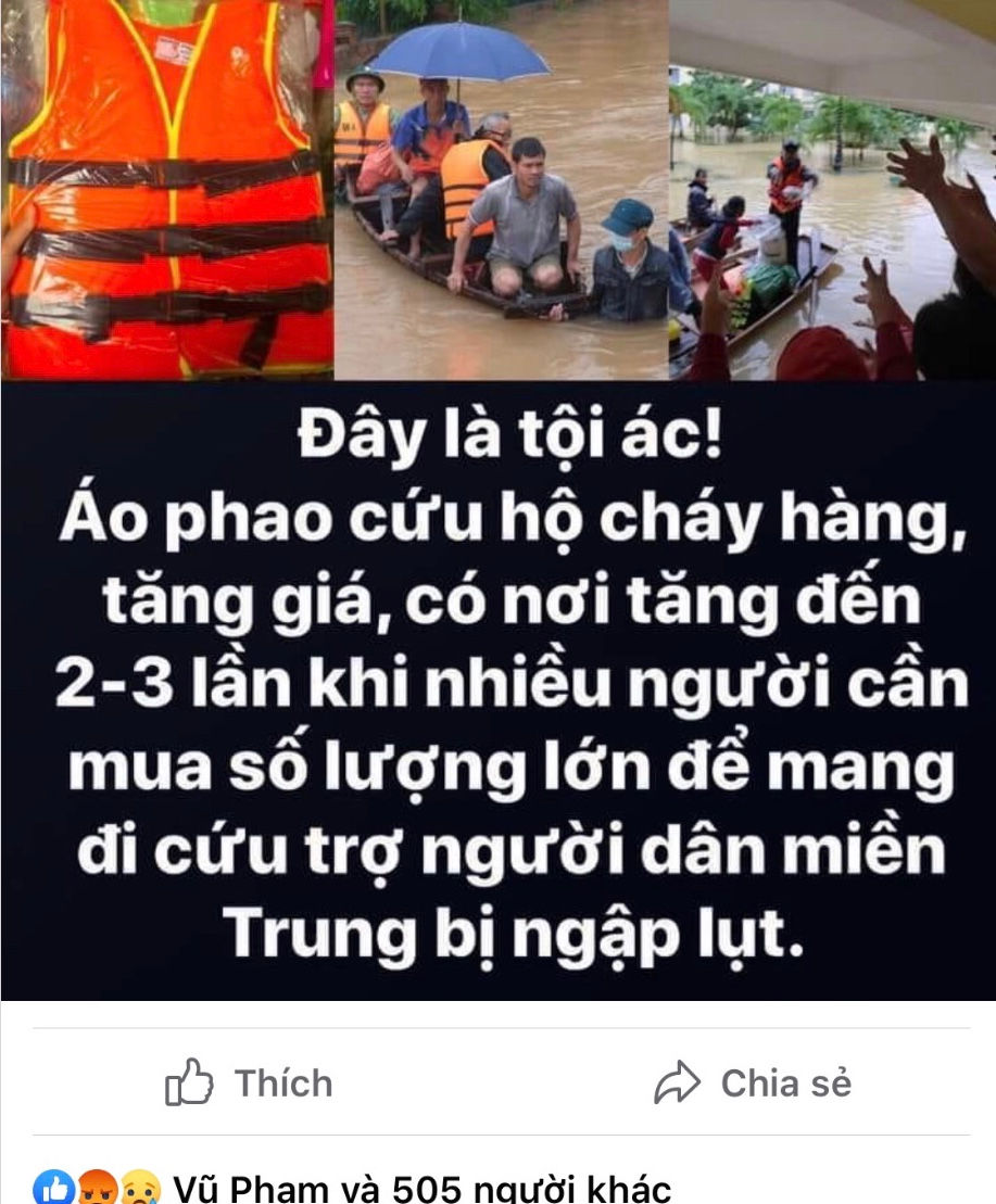 Việc áo phao tăng giá trong lúc miền Trung đang gặp khó khăn do mưa bão, khiến nhiều người bức xúc, đặc biệt những người mua áo số lượng lớn để phục vụ ứng cứu bà con gặp nạn.