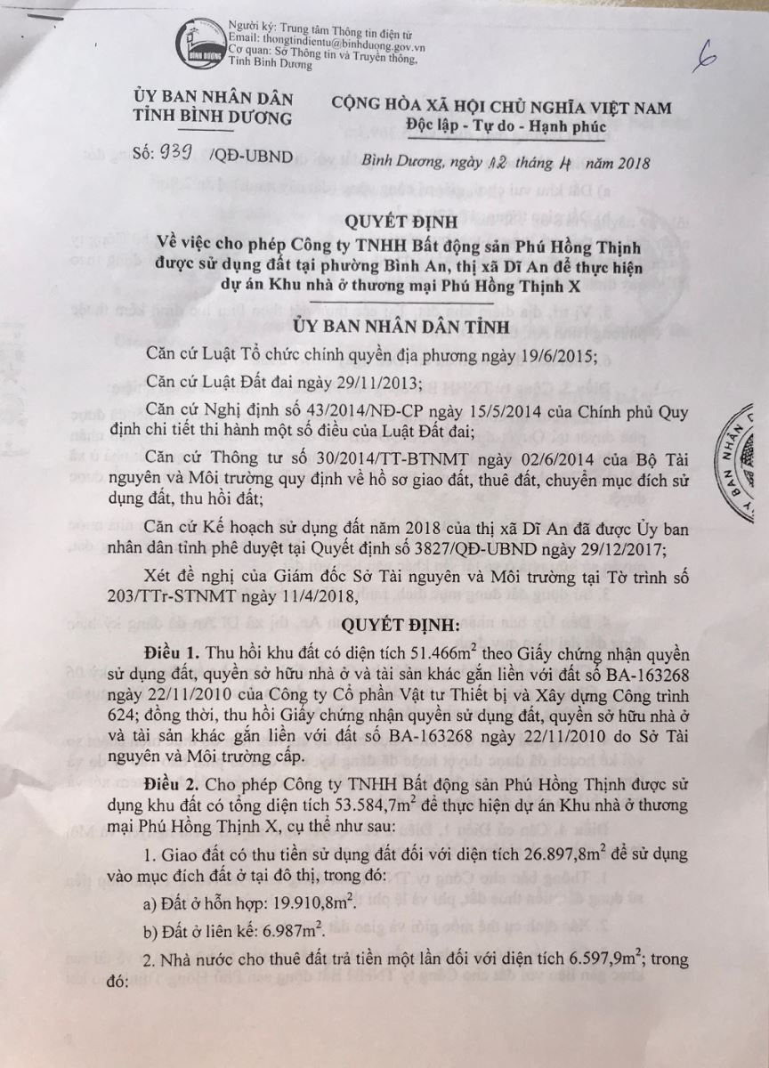  Các quyết định cấp phép phát triển dự án của UBND tỉnh Bình Dương cho Công ty Phú Hồng Thịnh.