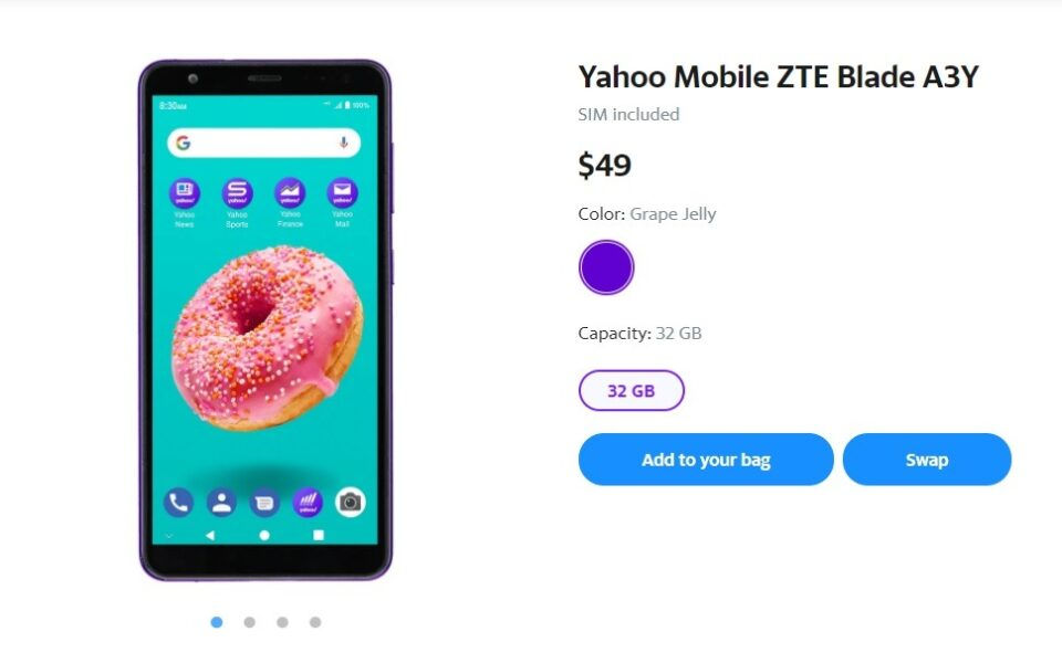Yahoo Mobile ZTE Blade A3Y hiện đang được bán ra tại Mỹ với mức giá 49 USD, khoảng 1.1 triệu đồng khi người dùng mua kèm với gói dịch vụ của Verizon. 