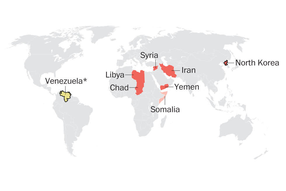 Các nước bị ông Trump cấm đi lại. Đồ hoạ: Washington Post