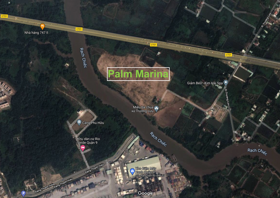Dự án Palm Marina nằm ngay rạch Chiếc và liền kề đường cao tốc TP.HCM - Long Thành - Dầu Giây. Ảnh chụp màn hình từ Google Maps