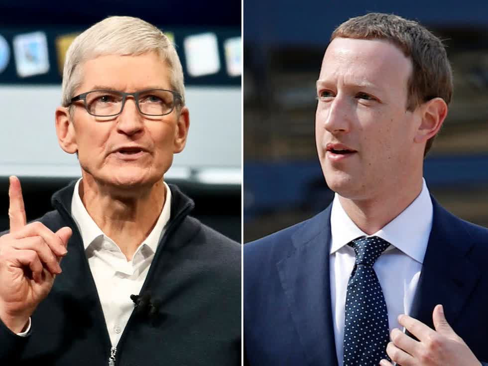   CEO Apple Tim Cook (trái) và CEO Facebook Mark Zuckerberg. Ảnh: AP  