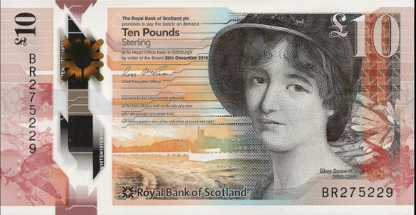 Mặt trước tờ tiền 10 bảng do Ngân hàng Hoàng gia Scotland phát hành, với hình ảnh nhà khoa học nữ Mary Sommerville.