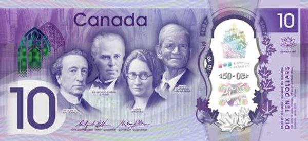 Mặt trước tờ tiền 10 đô la do Ngân hàng Canada phát hành với màu tím.
