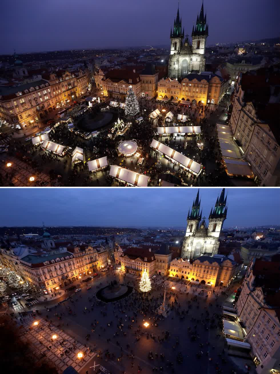 Bức ảnh từ ngày 5/12/2019, về khu chợ ở Prague, Cộng hòa Séc và quảng trường vào ngày 28/11/2020. Ảnh: AP