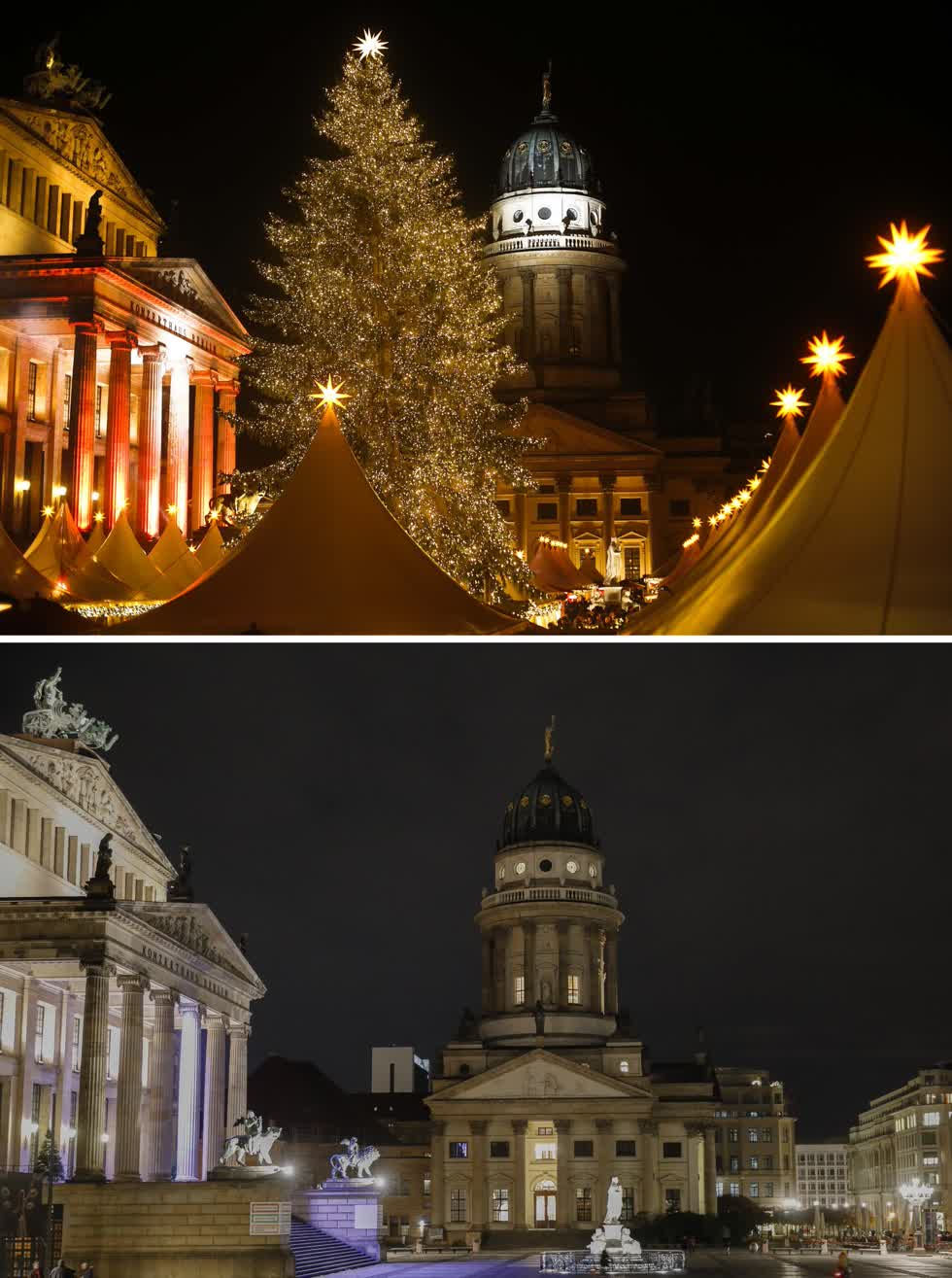 Hình ảnh kết hợp này cho thấy một bức ảnh từ ngày 25/11/2013, của quảng trường Gendarmenmarkt với khu chợ ở Berlin và quảng trường vào ngày 23/11/2020. Ảnh: AP