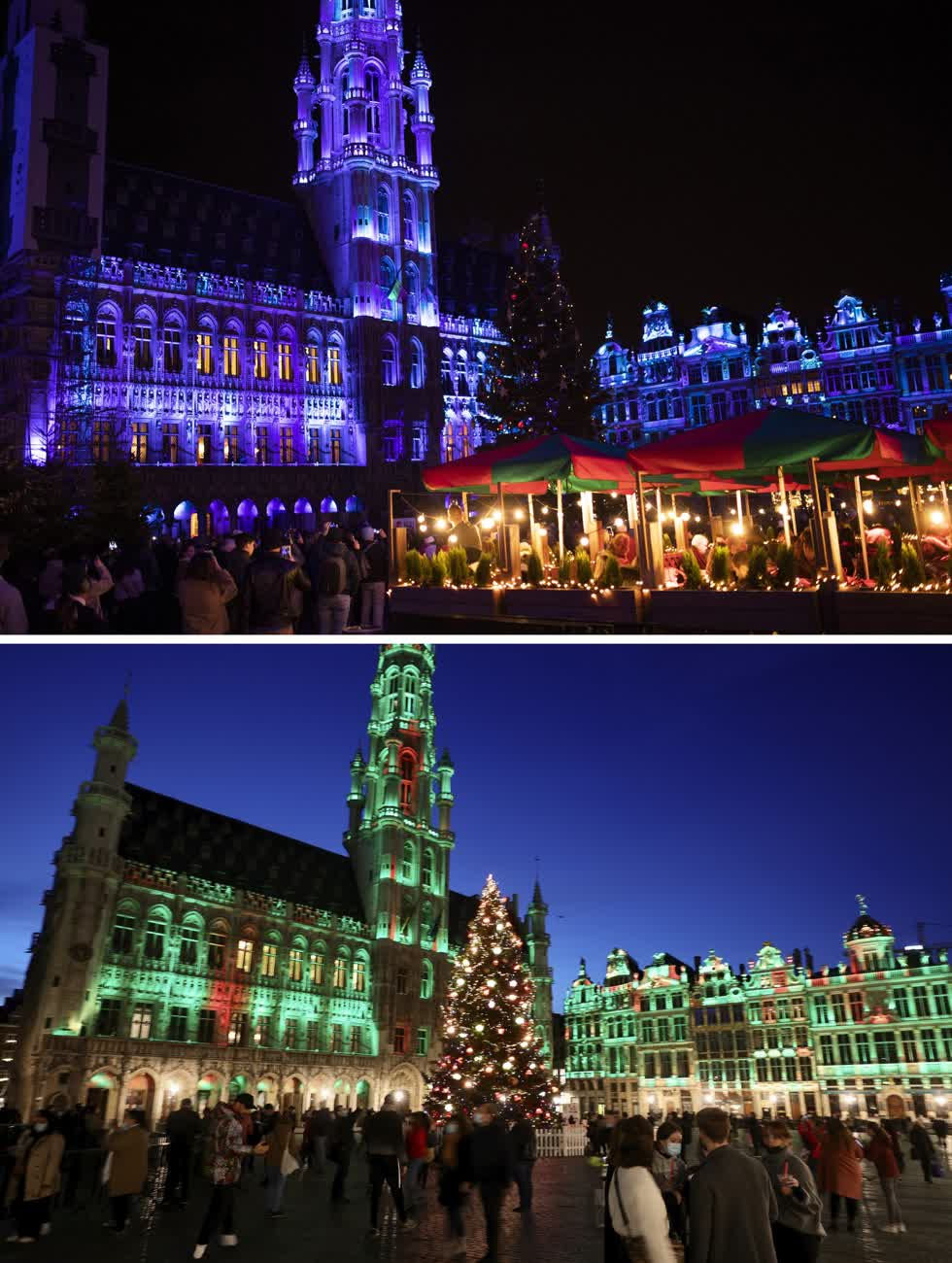 Bức ảnh từ ngày 18/12/2019, về Grand Place với khu chợ ở Brussels và quảng trường vào ngày 24 /11/2020. Ảnh: AP