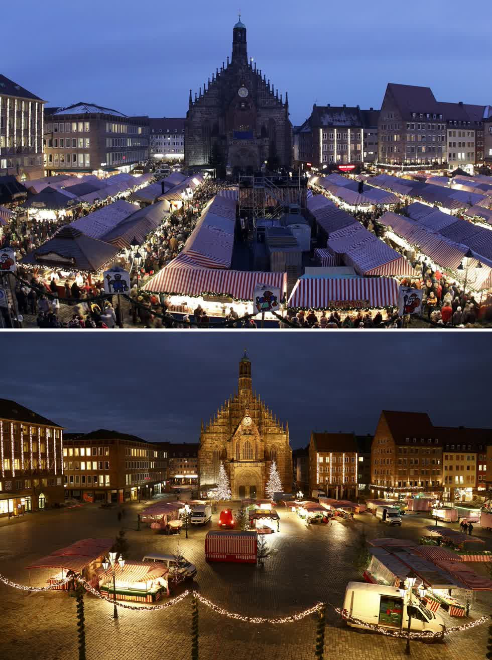 Hình ảnh kết hợp này cho thấy một bức ảnh từ ngày 1/12/2017, về quảng trường phía trước Nhà thờ Đức Mẹ với khu chợ ở Nuremberg, Đức và quảng trường vào ngày 23/11/2020. Ành: AP