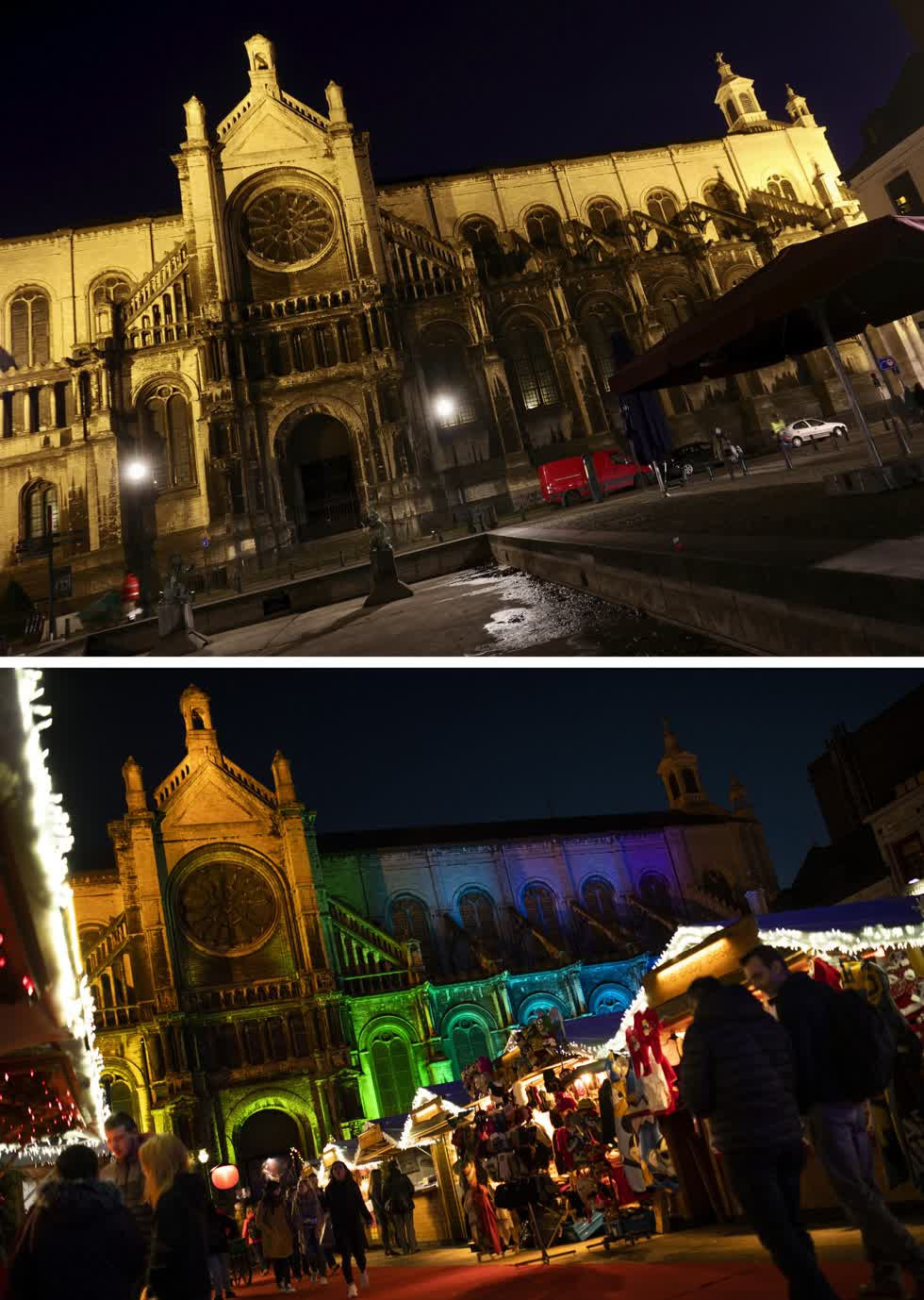 Bức ảnh từ ngày 18/12/2019, khu chợ bên cạnh nhà thờ Thánh Catherine ở Brussels và quảng trường vào ngày 24 /11/2020. Ảnh: AP