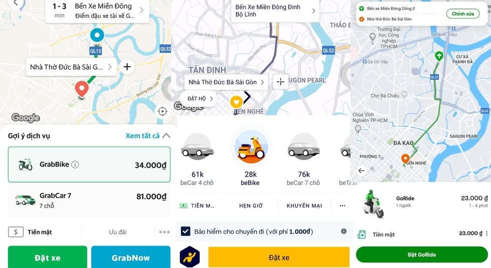Mức giá dịch vụ của của 3 ứng dụng gọi xe lần lượt từ trái sang phải là Grab, be và Gojek. Ảnh chụp màn hình