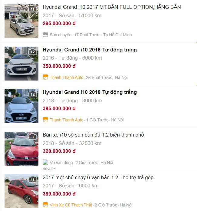 Hyundai Grand i10 đang được rao bán trong tầm giá từ 260 - 400 triệu đồng trên Chợ Tốt.