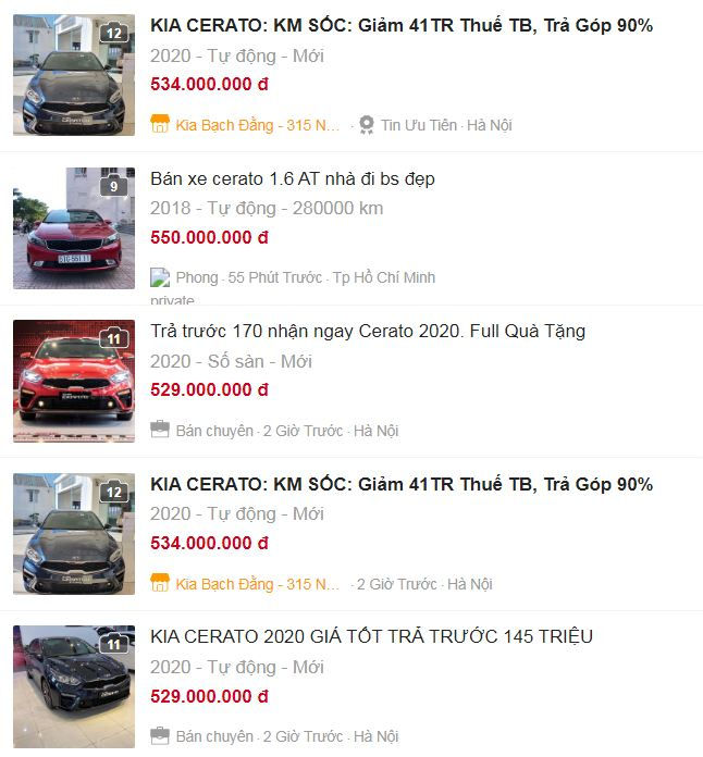 Kia Cerato 2016 đang được rao bán trong tầm giá từ 445 - gần 600 triệu đồng trên Chợ Tốt. 