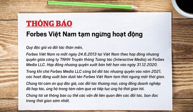 Thông báo tạm ngừng hoạt động của Forbes Việt Nam.
