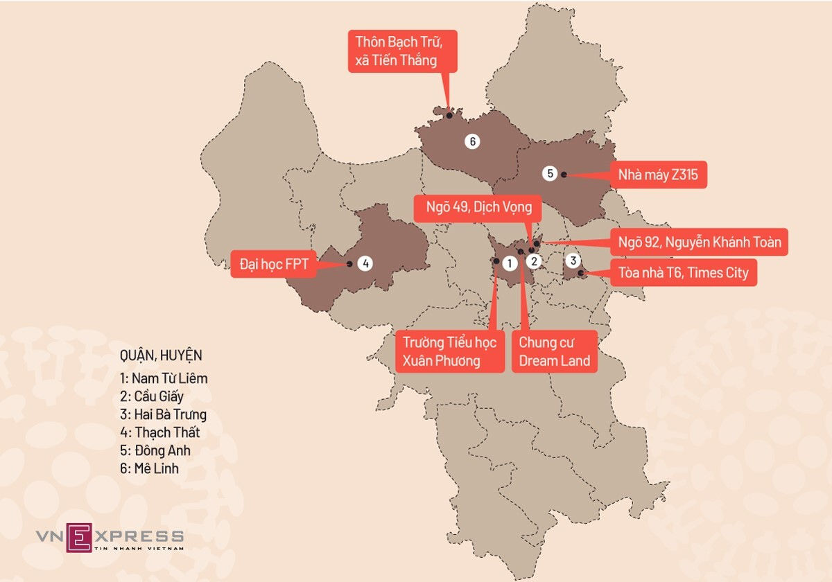 8 khu vực đang bị phong tỏa ở Hà Nội. Đồ họa: Tiến Thành.