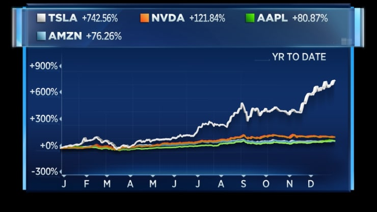 Tesla dẫn đầu cổ phiếu công nghệ năm 2020. Ảnh: CNBC