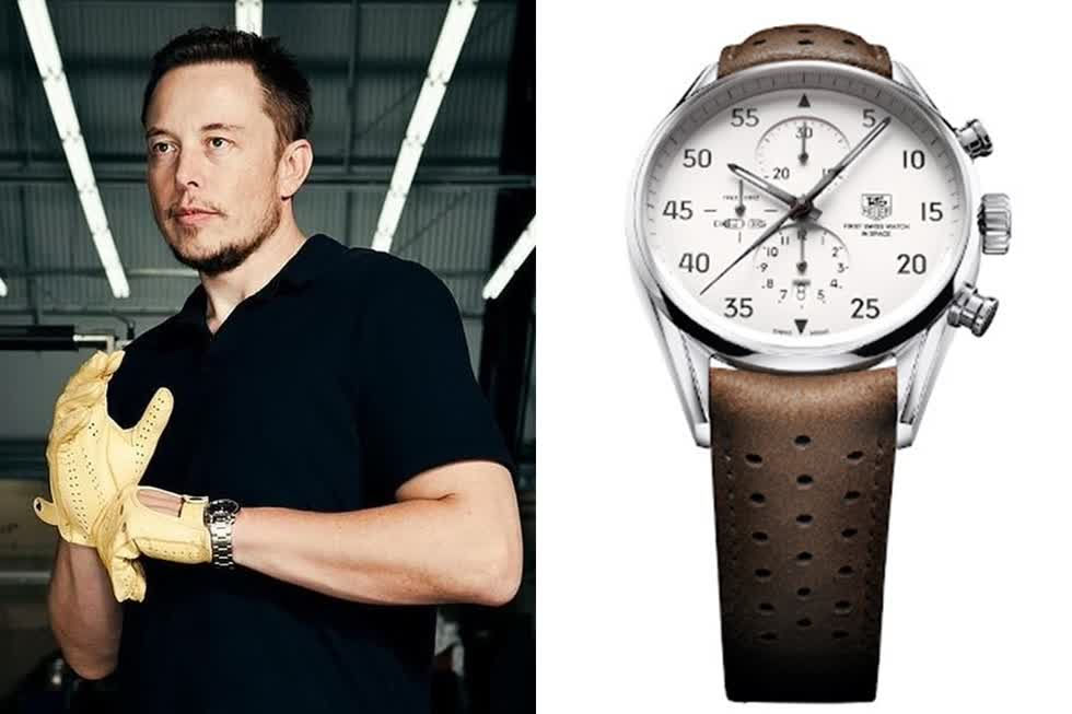 Musk có thú chơi đồng hồ độc đáo. Anh hiếm khi chọn đồng hồ hào nhoáng đắt tiền đến từ các thương hiệu đình đám. Thay vào đó, anh chọn thiết kế đề cao tính thiết thực gắn với thương hiệu của chính mình: TAG Heuer Carrera Calibre 1887 Space X. Thiết kế được lấy cảm hứng từ Heuer 2915A - chiếc đồng hồ bấm giờ đã biến TAG Heuer trở thành thương hiệu đầu tiên xuất hiện ngoài Trái đất - của đại tá John Glenn. Phiên bản được phát hành giới hạn vào năm 2012 để tôn vinh tham vọng của SpaceX đưa người lên sao Hỏa năm 2024. Đồng hồ mang họa tiết tên lửa ở cả hai mặt. Nó từng được đưa lên vũ trụ, du hành trên tàu Dragon của Space X trong nhiệm vụ đến Trạm vũ trụ quốc tế. Với cọc số theo kiểu 1/5, đồng hồ được coi là công cụ hoàn hảo giúp Elon Musk chia thời gian để thực hiện khối lượng công việc hàng ngày. Trước khi bắt tay hãng đồng hồ Thụy Sĩ TAG Heuer, anh từng đeo chiếc Omega Seamaster Aqua Terra. Ảnh: Instagram Elon Musk.