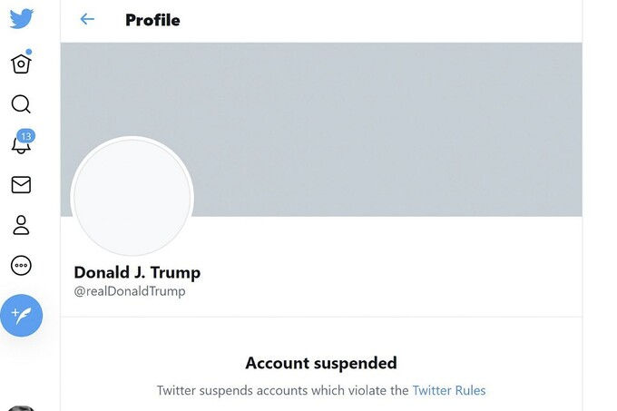 Tài khoản Twitter của ông Trump bị đình chỉ. Ảnh chụp màn hình.