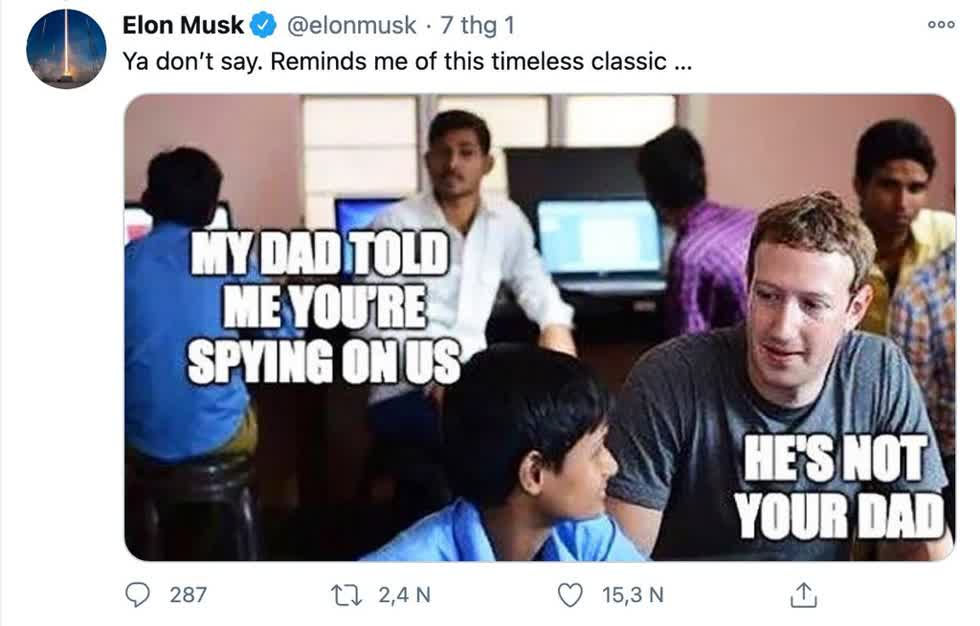Elon Musk đăng meme về việc thu thập dữ liệu của Facebook. Ảnh: Chụp màn hình.
