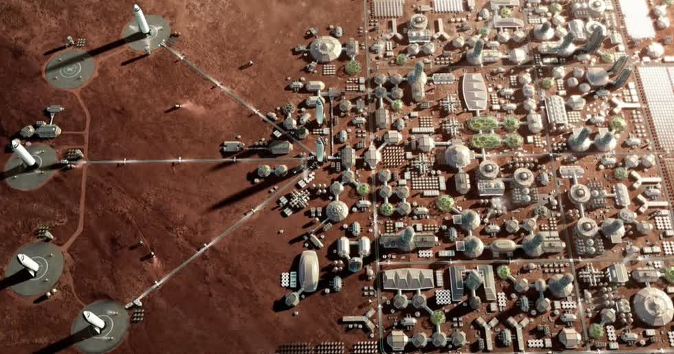 Musk muốn dành nửa tài sản của mình để xây dựng thành phố tự cung tự cấp trên Hỏa tinh. Ảnh: Inverse.