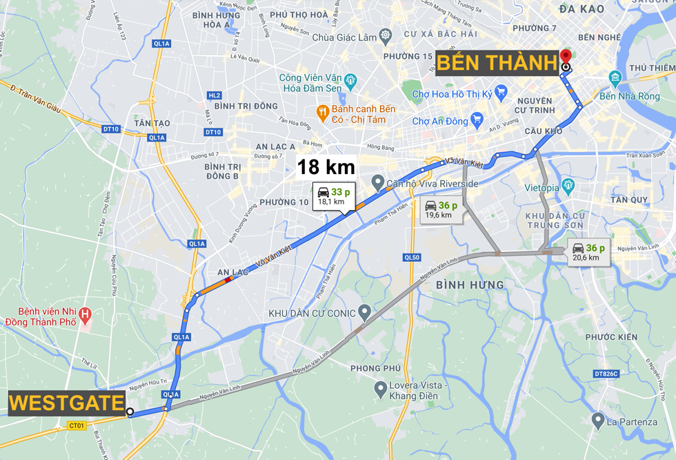Từ Westgate Bình Chánh di chuyển vào trung tâm TP.HCM xa hơn so với về Long An. Ảnh chụp màn hình từ Google Maps 