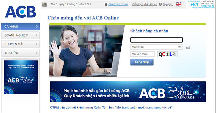 Truy cập trang ACB Online, chọn mục Cá nhân và đăng nhập