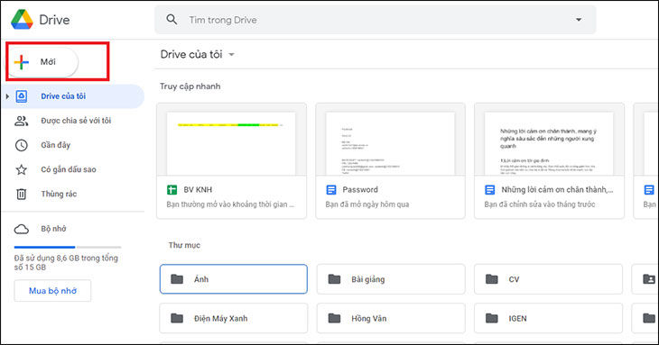 Mở Google Drive và chọn Mới