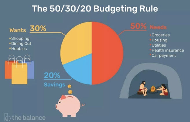 Mô phỏng quy tắc 50-30-20 theo các nhu cầu chi tiêu và tiết kiệm. Đồ hoạ: The Balance.