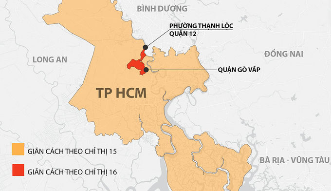Quận Gò Vấp và phường Thạnh Lộc, quận 12 bị giãn cách xã hội từ 0h ngày 31/5. Đồ hoạ: Khánh Hoàng.