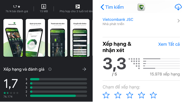 Đánh giá của người dùng trên ứng dụng Vietcombank. Ảnh: Chụp màn hình.