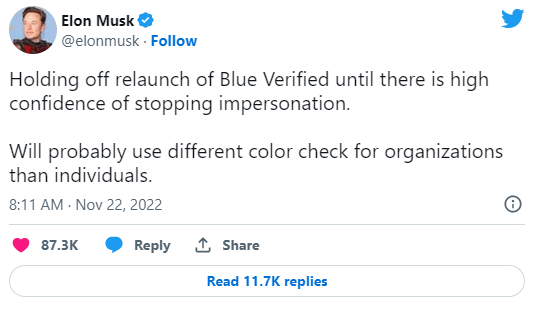 Elon Musk trì hoãn khởi động lại dịch vụ &quot;tick xanh&quot; của Twitter - Ảnh 1.