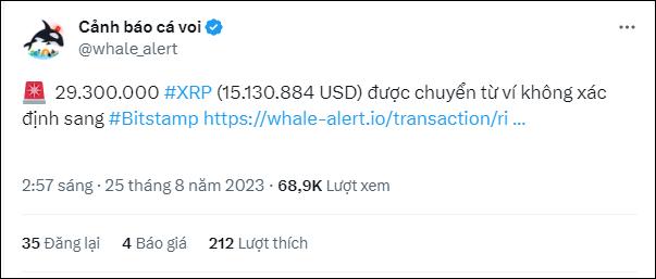 Cá voi XRP chuyển 29 triệu token sang Bitstamp trong bối cảnh giá giảm dần đến mức hỗ trợ - Ảnh 1.