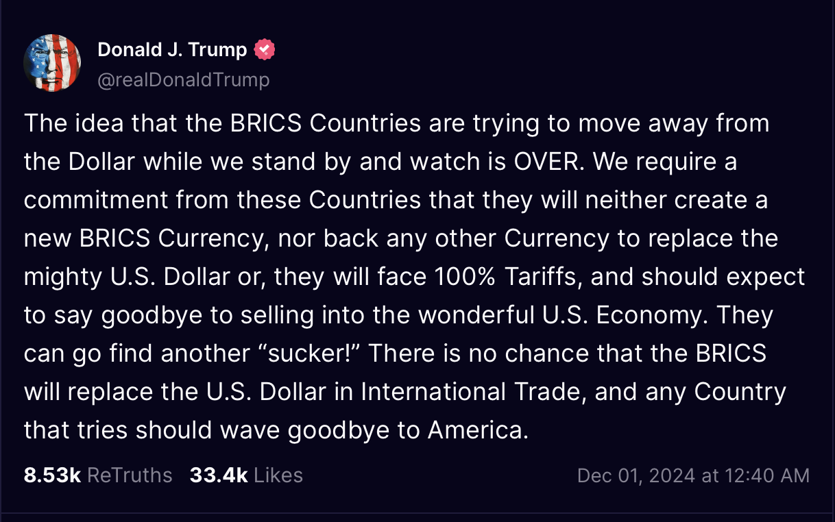 Thay đổi bất ngờ sau đe doạ áp thuế 100% đối với các nước BRICS của ông Trump- Ảnh 1.