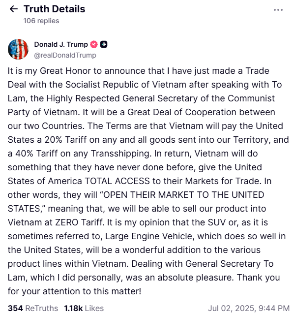 Tổng thống Trump: Mức thuế cho hàng hóa Việt Nam là 20%- Ảnh 1.