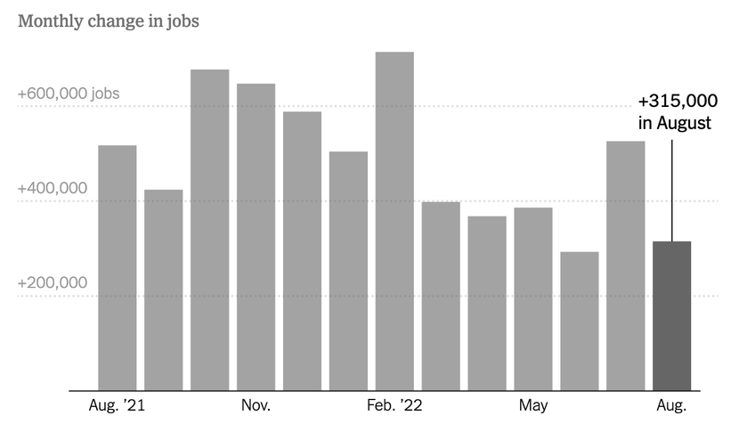 Nền kinh tế Mỹ có thêm 315.000 việc làm trong tháng 8, mức thấp nhất kể từ tháng 4/2021  - Ảnh 1.