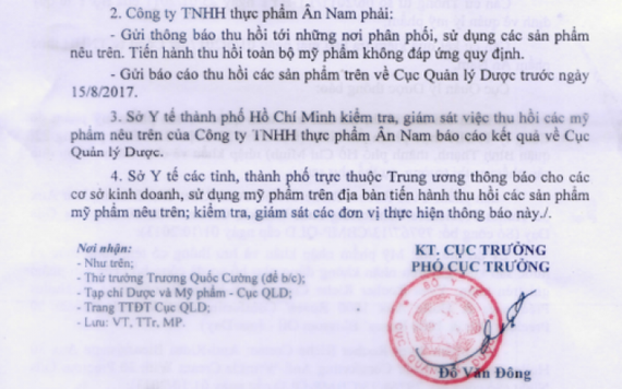 Thu hồi trên toàn quốc 6 sản phẩm mỹ phẩm cao cấp do Công ty Ân Nam nhập khẩu