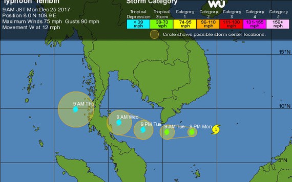 Dự báo khác nhau về hướng di chuyển của bão số 16 Tembin